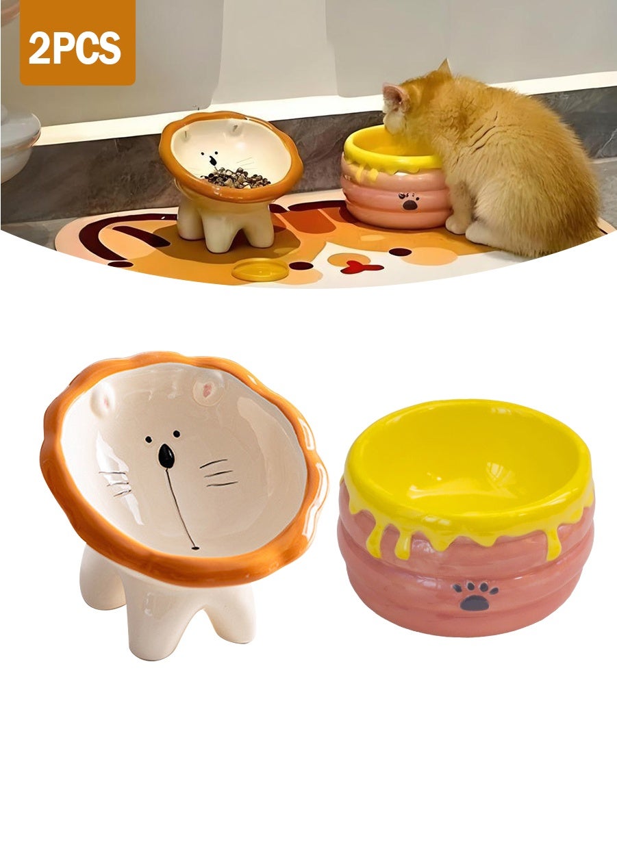 2PCS Ceramic Cat Food Bowl - Anti-Vomit Elevated Feeding Dish for Cats and Small Dogs, Slip-Resistant Wide-Tilt Design, Dishwasher-Safe Pet Bowl